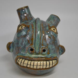 POT HEAD #15 - Southern Folk Art Face Jug Pottery Ugly Jug - One of a Kind - 3-3/4" Tall, Blue Green, Double Spout, Long Nose