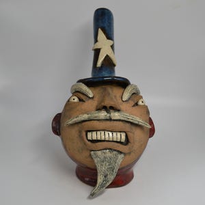 UNCLE SAM #4 - Southern Folk Art Face Jug Pottery Ugly Jug - One of a Kind - 10" Tall - Americana, Patriotic, Hand Built, Bud Vase, Flowers