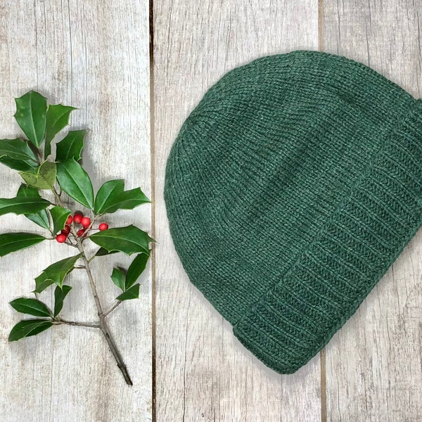 Hand Knit Alpaca Green  Cuff Hat Knitted Beanie Ski Winter Warm for Men Womens Graduation Birthday Gift