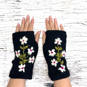 Hand Knit Black Flower Fingerless Gloves Wool Texting Mittens Fleece Lined Winter Women's for Her Graduation Birthday Mothers Day  Gift