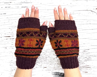 Hand Knit Alpaca Fingerless Texting Gloves Embroidered Brown Earth Tone Fleece Lined Winter Pattern Graduation Birthday Mothers Day Gift