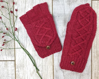 Knit Red Alpaca Wool Convertible Cable Flip Glitten Mitten Fingerless Glove Fleece Lined Women Graduation Birthday Gift