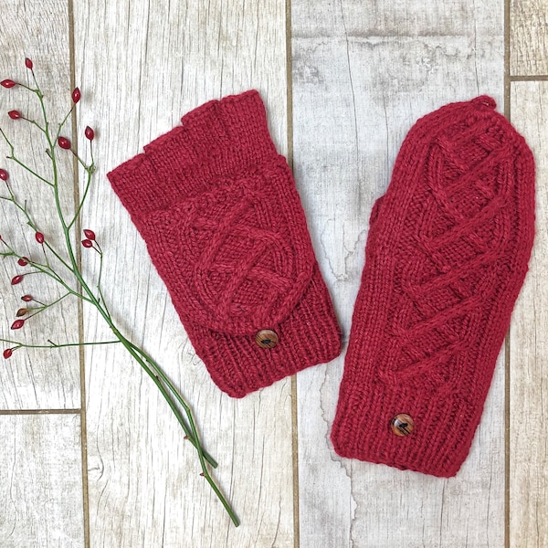 Knit Red Alpaca Wool Convertible Cable Flip Glitten Mitten Fingerless Glove Fleece Lined Women Graduation Birthday Gift