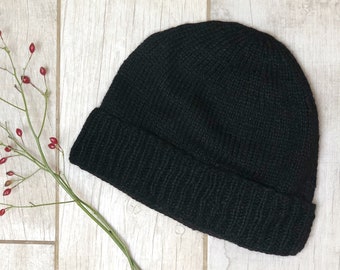 Hand Knit Alpaca  Black Cuff Hat Knitted Beanie Ski Winter Warm for Men Womens Mothers day Gift