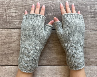 Hand Knit Alpaca Light Gray Cable Fingerless Texting Gloves Office Mittens Fleece Lined Arm Wrist Warmer Womens Graduation Birthday Gift
