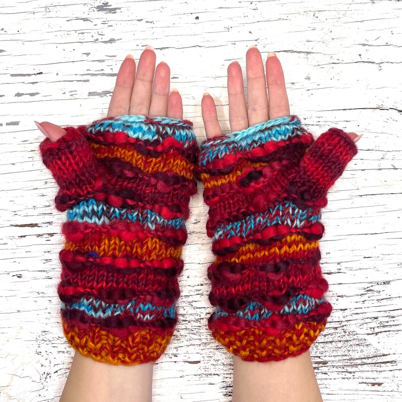 Hand Knit Red Stripe Fingerless Gloves Repurposed Silk Wool Texting Mittens Fleece Lined Winter Womens Ladies Graduation Birthday Gift image 4