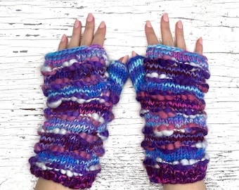 Hand Knit Purple Stripe Fingerless Gloves Repurposed Silk Wool Texting Mittens Fleece Lined Winter Womens Ladies Graduation Birthday Gift