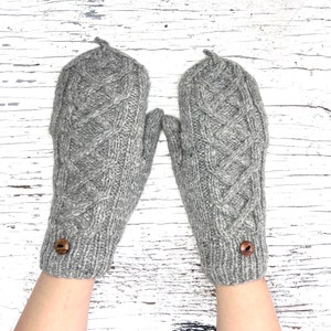 Hand Knit Alpaca Convertible Cable Flip Glitten Mitten Glove Gray Fingerless Texting Fleece Lined Women Graduation Birthday Mothers Day Gift