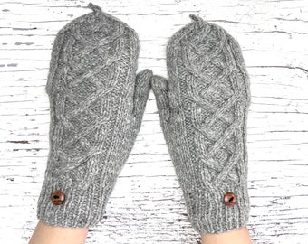 Hand Knit Alpaca Convertible Cable Flip Glitten Mitten Glove Gray Fingerless Texting Fleece Lined Women Graduation Birthday Mothers Day Gift