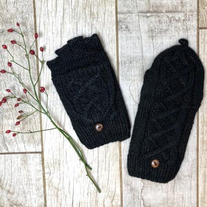 Hand Knit Alpaca Convertible Cable Flip Glitten Mitten Glove Black Fingerless Texting Fleece Lined Women Christmas Birthday Gift