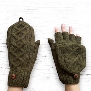 Knit Alpaca Wool Convertible Mitten Olive Khaki Army Green Cable Flip Cover Fingerless Texting Gloves Fleece Lined Women Christmas Birthday