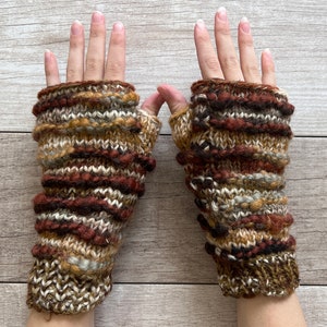 Hand Knit Dark Brown Stripe Fingerless Gloves Repurposed Silk Wool Texting Mittens Fleece Lined Winter Womens Ladies Teen Mothers day  Gift