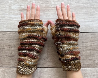 Hand Knit Dark Brown Stripe Fingerless Gloves Repurposed Silk Wool Texting Mittens Fleece Lined Winter Womens Ladies Teen Mothers day  Gift