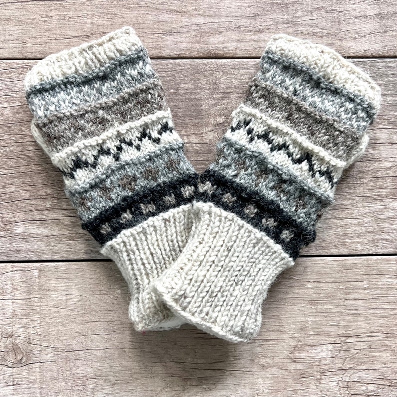 Hand Knit Gray Stripe Fingerless Gloves Wool Texting Mittens Fleece Lined Winter Womens Ladies Teen Girl Birthday Graduation Gift image 3