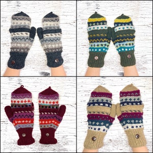 Knit Wool Convertible Flip Stripe Pattern Mitten Fingerless Glove Glittens Texting Fleece Lined Women Winter Christmas Birthday Gift