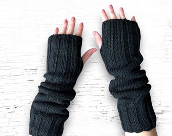 Hand Knit Alpaca Wool Fingerless Long Fleece Lined Gloves Black Texting Hand Warmers Ladies Women Winter Christmas Birthday  Gift