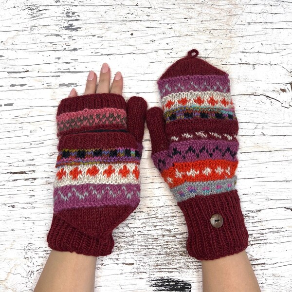Knit Wool Convertible Burgundy Stripe Pattern Flip Mitten Fingerless Glove Glittens Texting Fleece Lined Women Christmas Birthday Gift