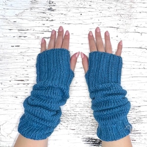 Hand Knit Alpaca Wool Long Fingerless Fleece Lined Gloves Turquoise Texting Hand Warmers Ladies Women Winter Christmas Birthday Gift