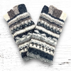 Hand Knit Gray Stripe Fingerless Half Finger Gloves Wool Texting Arm Warmers Fleece Lined Winter Womens Birthday Christmas Gift