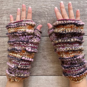 Hand Knit Purple Stripe Fingerless Gloves Repurposed Silk Wool Texting Mittens Fleece Lined Winter Womens Ladies Graduation Birthday Gift