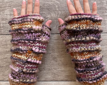 Hand Knit Purple Stripe Fingerless Gloves Repurposed Silk Wool Texting Mittens Fleece Lined Winter Womens Ladies Graduation Birthday Gift