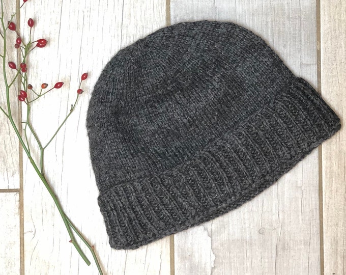 Hand Knit Alpaca  Charcoal Heather Gray Cuff Hat Knitted Beanie Ski Winter Warm for Men Womens Graduation Birthday Mothers Day Gift