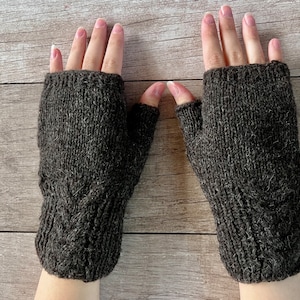 Hand Knit Alpaca Gray Heather Cable Fingerless Texting Gloves Mittens Fleece Lined Arm Wrist Warmer Womens Graduation  Mothers Day Gift