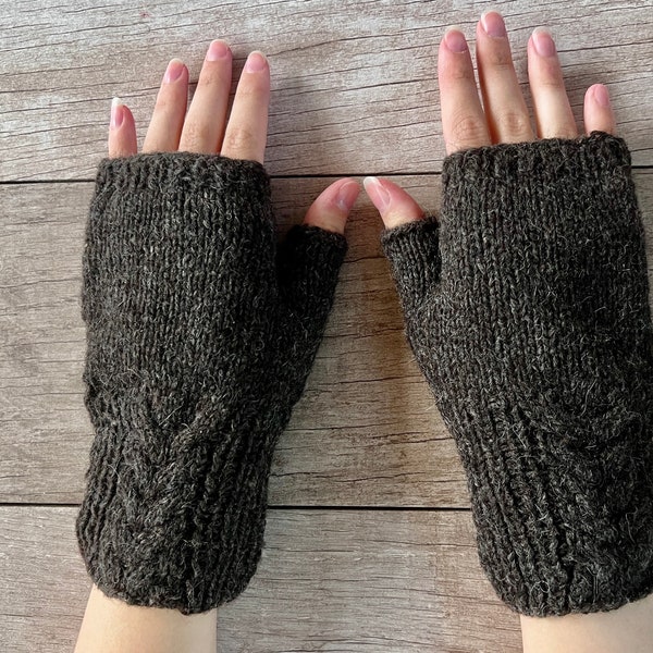 Hand Knit Alpaca Gray Heather Cable Fingerless Texting Gloves Mittens Fleece Lined Arm Wrist Warmer Womens Graduation  Mothers Day Gift