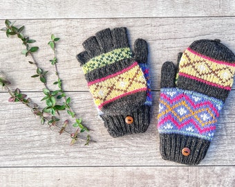 Hand Knit Alpaca Convertible Flip Glitten Mitten Gray Fingerless Texting Glove Fleece Lined Winter Women's Graduation Birthday Mothers Day