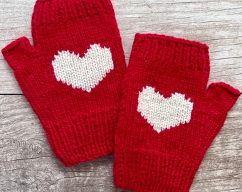 Knit Alpaca Wool Red Heart Fingerless Texting Gloves Mittens Arm Hand Warmers Fleece Lined Girlfriend Woman Graduation Birthday Gift