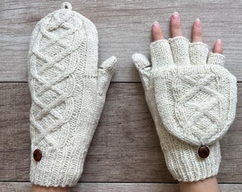 Hand Knit Alpaca Wool Cream White Convertible Cable Flip Mitten Fingerless Glove Texting Fleece Lined Women Christmas Birthday Gift