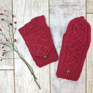 Handmade Knit Red Alpaca Wool Convertible Cable Flip Glitten Mitten Fingerless Glove Fleece Lined Women Christmas Birthday Gift