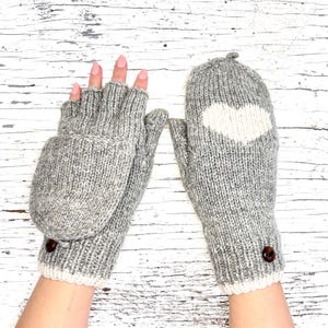 Handmade Knit Alpaca Wool Heart Convertible Cable Flip Mitten Fingerless Glove Texting Fleece Lined Women Birthday Christmas Gift