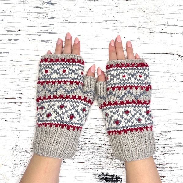 Hand Knit Alpaca Wool Patterned Gray Fingerless Texting Gloves Fleece Lined Arm Wrist Warmers Women Graduation Birthday Mothers Day Gift