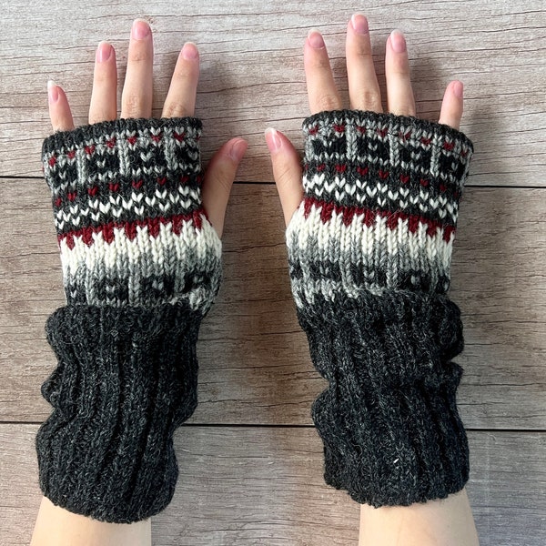 Hand Knit Gray Long Fingerless Gloves Wool Texting Mittens Fleece Lined Winter Womens Graduation Birthday Gift