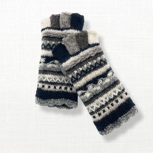 Hand Knit Gray Black Stripe Fingerless Half Finger Gloves Wool Texting Arm Warmers Fleece Lined Winter Womens Birthday Christmas Gift