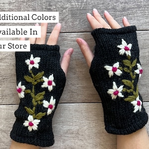 Hand Knit Gray Flower Fingerless Gloves Wool Texting Mittens Fleece Lined Winter Womens Ladies Graduation Birthday Gift image 5