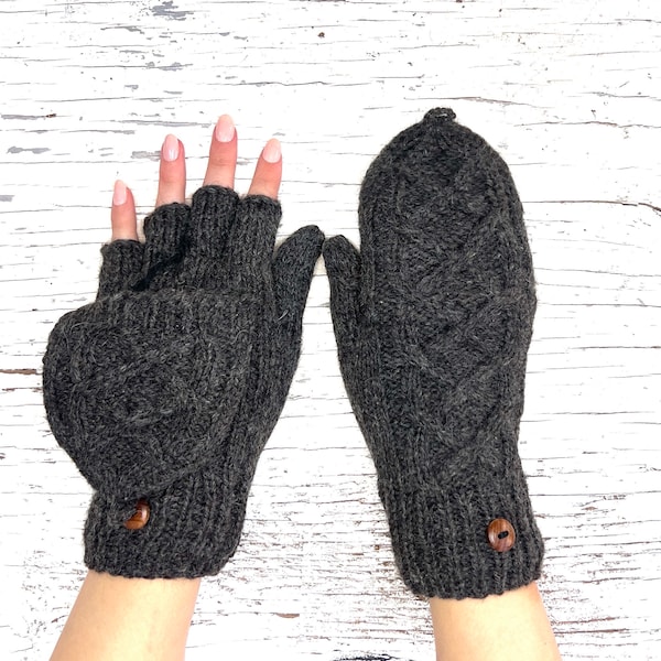 Hand Knit Alpaca Convertible Cable Flip Glitten Mitten Glove Heather Gray Fingerless Texting Fleece Lined Women Graduation Birthday Gift