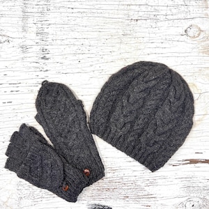 Handmade Heather Gray Alpaca Wool Gift Set Cable Knit Hat And Flip Mittens for Women Cozy Christmas or Birthday Gift