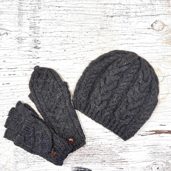 Handmade cozy knit beanie and scarf set in dark gray KH001-_(6).jpg main image 3