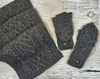 Hand Knit Heather Gray Alpaca Wool Set Scarf And Flip Mitten Fingerless Glove Handmade Women Ladies Graduation Birthday Gift