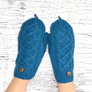Handmade Knit Alpaca Wool Turquoise Convertible Cable Flip Mitten Fingerless Glove Texting Fleece Lined Women Birthday Christmas Gift