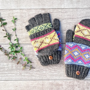 Handgebreide alpaca convertible flip glitten want grijze vingerloze sms-handschoen fleece gevoerd winter verjaardag kerstcadeau