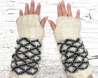 Hand Knit Alpaca Wool Fingerless Long Fleece Lined Gloves Cream Pattern Texting Hand Warmers Ladies Women Mothers Day Graduation