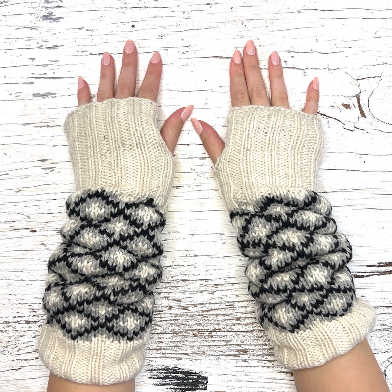 Hand Knit Alpaca Wool Fingerless Long Fleece Lined Gloves Cream Pattern Texting Hand Warmers Ladies Women Mothers Day Graduation image 1