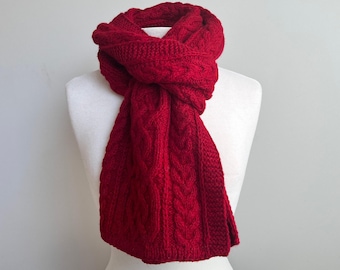 Red Handmade Knit Alpaca Wool Cable Scarf Handknit for Men Women Knitted Scarves Christmas Birthday Gift
