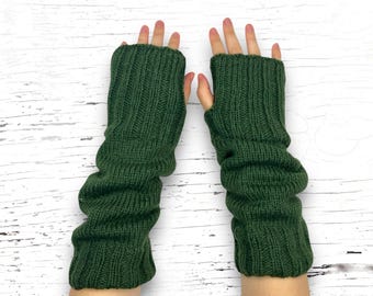 Hand Knit Alpaca Wool Fingerless Long Fleece Lined Gloves Green Texting Hand Warmers Ladies Women Winter Christmas Birthday Gift