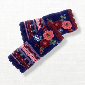 Hand Knit Purple Violet Embroidered Flower Fingerless Gloves Wool Texting Mittens Fleece Lined Winter Womens for Her Christmas Birthday Gift