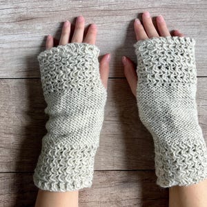 Hand Knit Fingerless Gloves Light Gray Wool Arm Warmers Texting Fleece Lined Winter Womens Ladies Christmas Birthday Gift