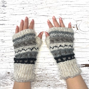 Hand Knit Gray Stripe Fingerless Gloves Wool Texting Mittens Fleece Lined Winter Womens Ladies Teen Girl Birthday Graduation Gift image 1